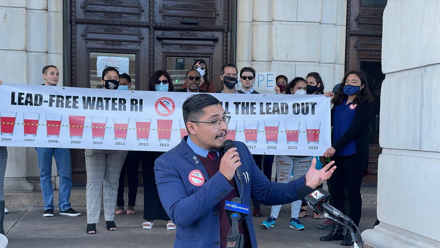 State Representative David Morales, a Providence Democrat, speaks at a news conference outside the State House in September 2021, calling for Rhode Island to use $500 million in federal funds to replace water pipes containing lead.