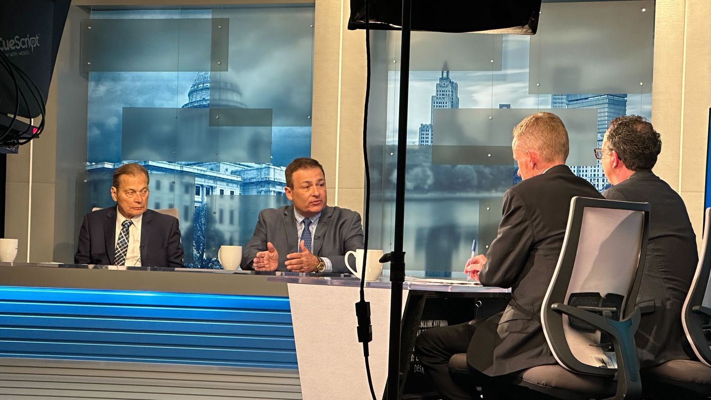 Left to right, Senate President Dominick J. Ruggerio and House Speaker K. Joseph Shekarchi answer questions from Globe reporter Edward Fitzpatrick and Jim Ludes, host of "Story in the Public Square" on Rhode Island PBS.