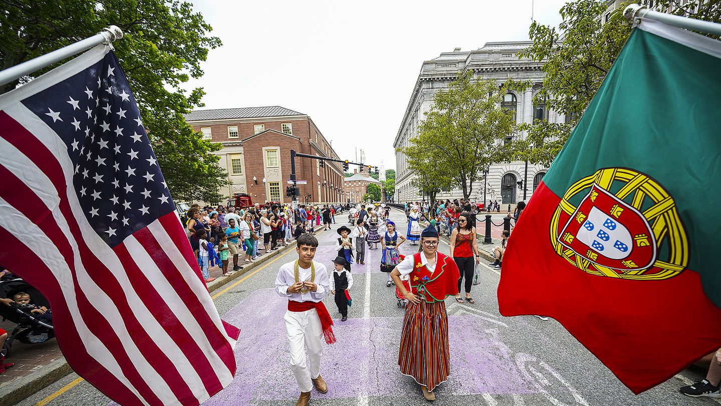 Young people in costume from Rancho Folclorico of the Portuguese Social Club of Pawtucket marched behind their float and the US and Portuguese flags during PVDFest in Providence last year.