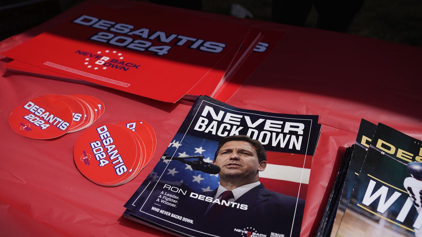Campaign materials for Florida Governor Ron DeSantis at a campaign stop in South Carolina earlier this month.