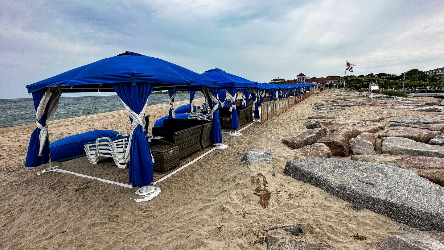 Dozens of cabanas line the beach at Ballard's Beach Resort on Water Street on Block Island in mid-June 2023.