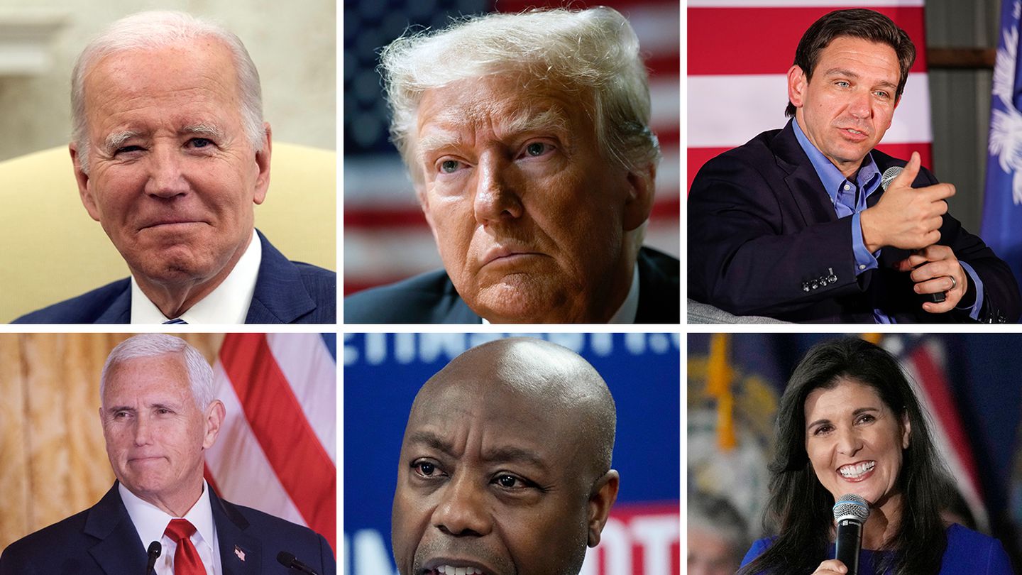 Candidates for president in 2024 include, from top left, Joe Biden, Donald Trump, Ron DeSantis, Mike Pence, Tim Scott, and Nikki Haley.