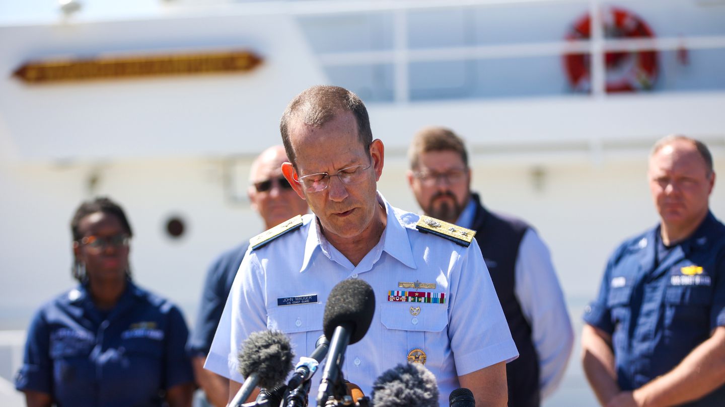 Rear Admiral John W. Mauger, First District Commander of the US Coast Guard, addressed the media Thursday at the US Coast Guard station in Boston.