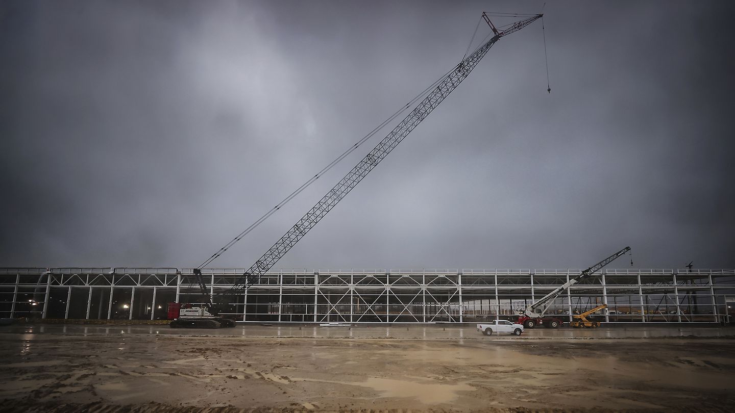 Construction at Ford's BlueOval City in Stanton, Tenn., in March. Ford says its new assembly plant being built in western Tennessee will be able to build up to 500,000 electric pickup trucks per year at full production.