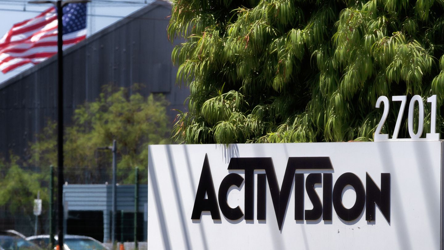 A sign is seen outside the Activision building in Santa Monica, Calif., on Wednesday. A federal judge has temporarily blocked Microsoft's planned $69 billion purchase of video game company Activision Blizzard.