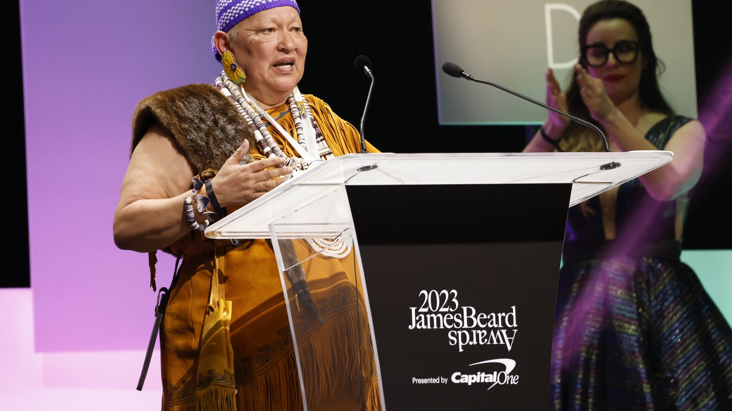 Sherry Pocknett, of Sly Fox Den Too in Charleston, R.I. during her acceptance speech on June 5, 2023 when she won Best Chef: Northeast at the 2023 James Beard Restaurant And Chef Awards at Lyric Opera Of Chicago.