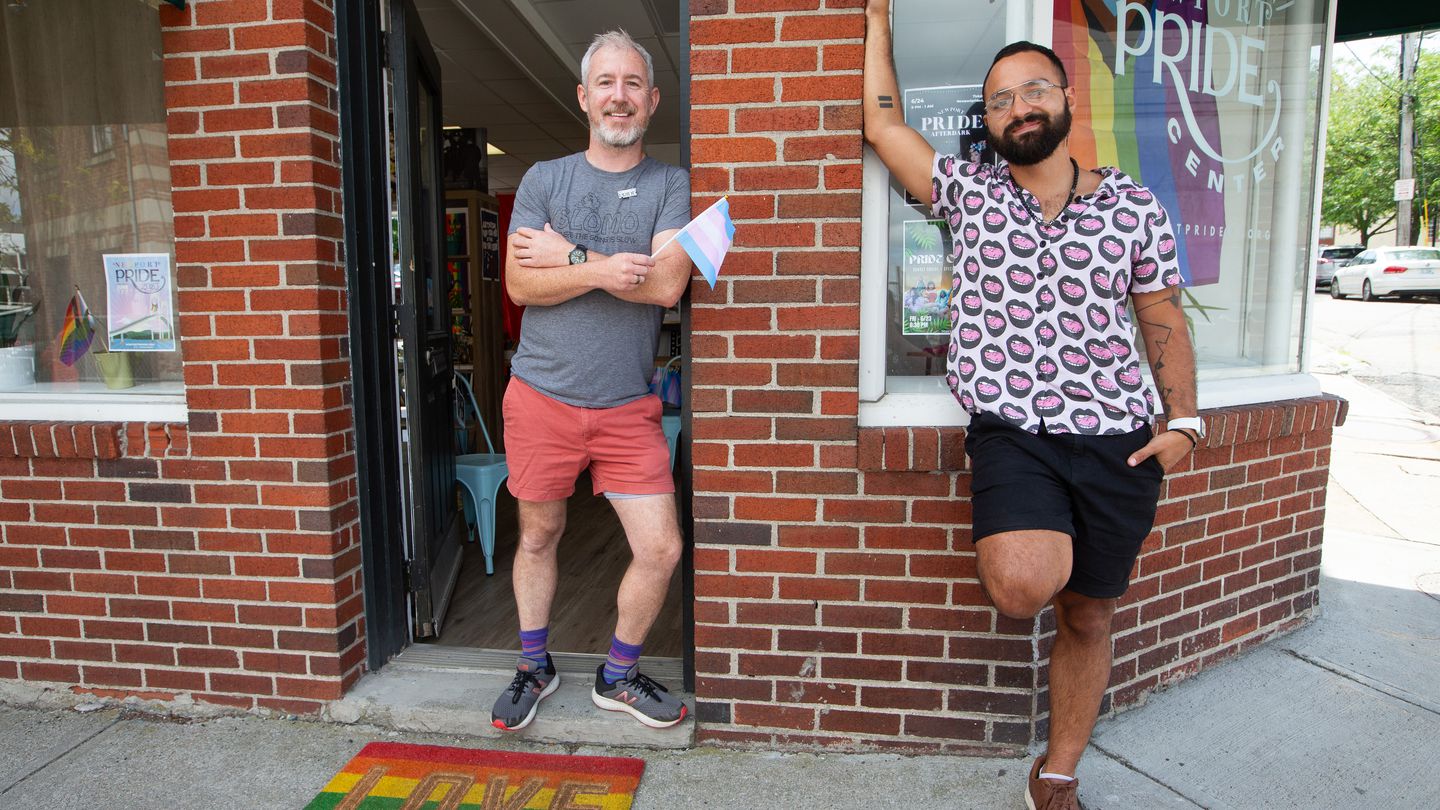 Newport Pride founders Sean O'Connor, left, and Daniel Cano Restrepo, right, in front of the recently opened Newport Pride Center on Spring Street in Newport.